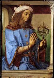 Portræt af Ptolemæus (Claudius Ptolemæus, ca. 90-168), græsk astronom. Maleri af Pedro Berruguete (ca. 1450-før 1504) og Just Of Gent (1435-1480) Ec. Flam