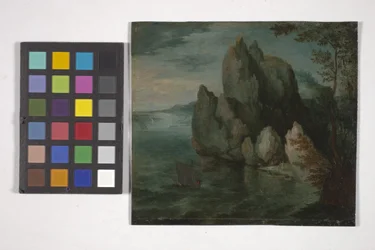 Seascape med en høj klippe (olie på kobber)