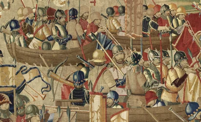 Gobelin, der viser erobringerne af kong Alfonso V af Portugal (Conquistas de Alfonso V de Portugal), Tournai. Detalje. (uld og silke)
