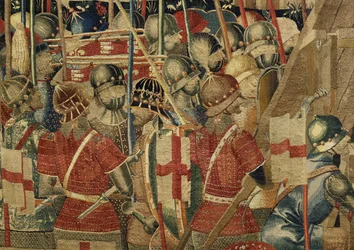 Gobelin, der viser erobringerne af kong Alfonso V af Portugal (Conquistas de Alfonso V de Portugal), Tournai. Detalje. (uld og silke)