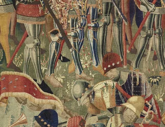 Tapestry, der viser erobringer af kong Alfonso v fra Portugal (Conquistas de Alfonso mod de Portugal), Tournai. Detalje. (Uld og silke)