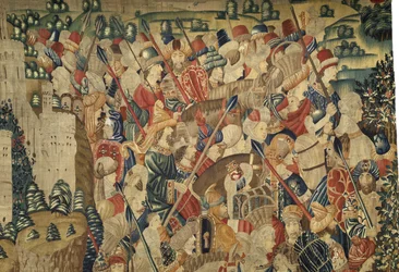 Gobelin, der viser erobringerne af kong Alfonso V af Portugal (Conquistas de Alfonso V de Portugal), Tournai. Detalje. (uld og silke)