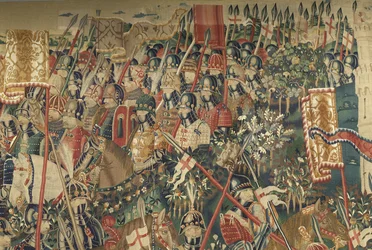 Gobelin, der viser erobringerne af kong Alfonso V af Portugal (Conquistas de Alfonso V de Portugal), Tournai. Detalje. (uld og silke)