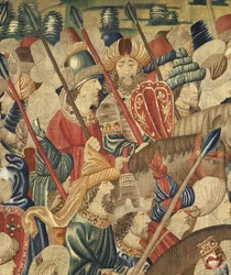 Gobelin, der viser erobringerne af kong Alfonso V af Portugal (Conquistas de Alfonso V de Portugal), Tournai. Detalje. (uld og silke)