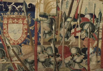 Tapestry, der viser erobringer af kong Alfonso v fra Portugal (Conquistas de Alfonso mod de Portugal), Tournai. Detalje. (Uld og silke)