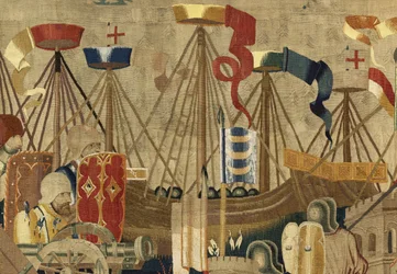 Gobelin, der viser erobringerne af kong Alfonso V af Portugal (Conquistas de Alfonso V de Portugal), Tournai. Detalje. (uld og silke)