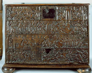 The Courtrai Chest skildrer scener fra Slaget ved Golden Spurs udkæmpet i Courtrai i 1302 (træ)
