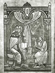 Skt. Gregors ekstase (ca. 540-604) skimtet af diakonen Peter gennem et gardin gennemboret af hans stilet