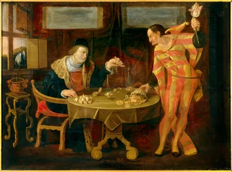 Salg af tulipanløg Maleri fra den flamske skole i det 17. århundrede. Søn 0,54x0,74 m Rennes, musee des Beaux Arts