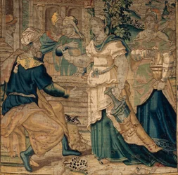 Universitetets samlinger. flamsk gobelin. Jethros døtre fortæller deres far om mødet med Moses. Detalje. Oudenaarde. Omkring 1550.