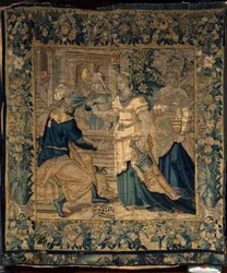 Universitetets samlinger. flamsk gobelin. Jethros døtre fortæller deres far om mødet med Moses. Oudenaarde. Omkring 1550.