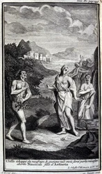 Ulysses flygter fra skibsvraget, og selvom han er nøgen, men med magt, nærmer han sig Nausicaa, datter af Antinous (Antinoos). Illustration til bog VI af Odyssee of Homere, i Odyssee, udgivet i Amsterdam i 1731, Milano.