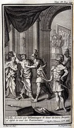 Ulysses næst efter Telemaque og to af deres hyrder opløste alle forfølgerne. Lustration til XXII bog af Odyssee af Homere, i Odyssee, udgivet i Amsterdam i 1731, Collection privee Milan.
