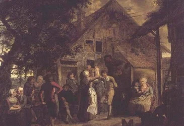 Landsbyboer hygger sig uden for en bondegård