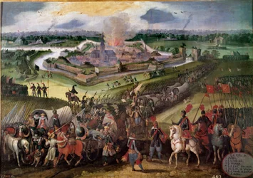 Krig mod Holland: "" Udsigt over byen Ardres"": Ærkehertug Albert af Østrig erobrede byen i 1596. Maleri af den flamske skole i det 17. århundrede. Real Monasterio de El Escorial, El Escorial, Spanien - Krig mod Holland: Udsigt over