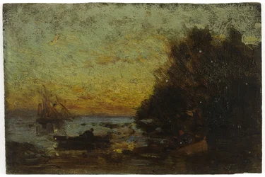 Båd og sejlbåde, solnedgang. På bagsiden: Marine, mellem 1850 og 1860 (olie på træ)