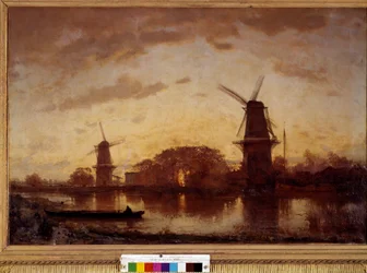 Bredden af Amstel-flodens landskab med møller i Holland. Maleri af Felix Ziem (1821-1911). 1852. Søn 1,01 X 1,50 m. Bordeaux, Museum of Fine Arts