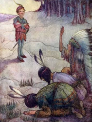 Indianere hilser på Peter Pan som Den Store Hvide Fader (farvelitografi)