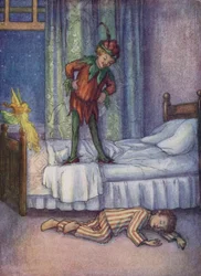 John Darling, som for sjov blev smidt ud af Peter Pan (farvelitografi)