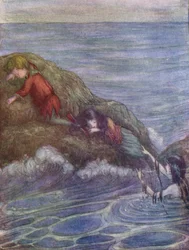 Lagunen, hvor de flygtede fra Klo (farvelitografi)