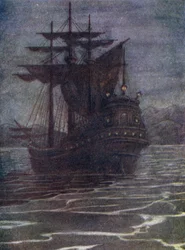 Piratskib, den gamle krogs hus (farvelitografi)