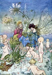 Kvinde-smede (fe) og alf omgivet af babyer - i "My Fairyland"" af Fiona Malcom, ill. Florence Andersen
