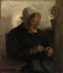 Old Woman Knitting (olie på lærred)