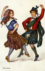 Par danser i traditionel skotsk kostume. Kromolitografi af Florence Hardy