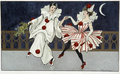 Pierrot og Colombine danser i måneskin - tegning af Florence Hardy, begyndelsen af det 20. århundrede