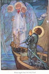 Tre engle bærer den hellige gral (Sir Galahad) (farvelitografi)