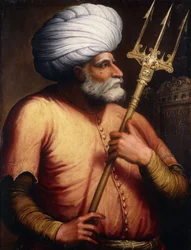 Portræt af Khair el-Din Barbarossa, halvlang, med en Trident, ca. 1580