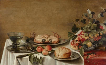 Stilleben med frugt, krabbe og brød
