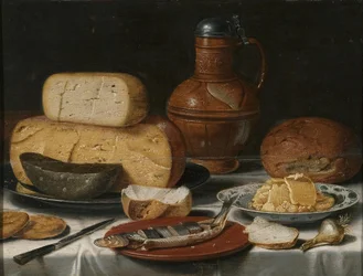 Stilleben med ost, sild, brød og vin