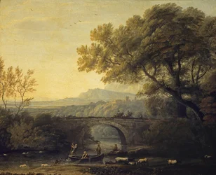 Fransk:  Paysage avec un pont Landskab med en bro