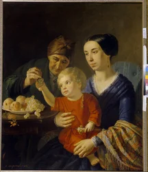Familieportræt. En baby, der holder en rangle på sin mors skød, modtager nogle druer givet af sin bedstemor. Maleri af Foma Gavrilovich Toropov (1821-1898), olie på lærred