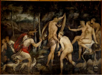 Diane (Artemis), jagtens gudinde, og Acteon, jægermaleri fra School of Fontainebleau (1500-tallet). Mål 2,65 x 3,67 m