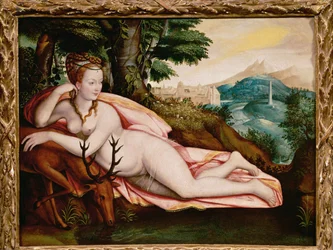 Diane de Poitiers, elskerinde til Henri II, konge af Frankrig, som gudinden Diana (maleri på lærred)