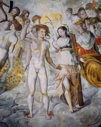 Mercury, budbringer af guder og Psyche, Janus til højre, fresker i Ligues forgyldte tårn, Fontainebleau-skolen, Tanlay Castle (16.-17. århundrede), Bourgogne, Frankrig