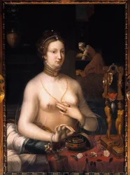 Damen har sit toiletmaleri fra skolen i Fontainebleau. Omkring 1560. Dim. 1,05 x 0,76 m. Dijon, Museum of Fine Arts