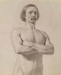 Akademisk nøgenstudie, halvlængde med overskæg og foldede arme, 1849