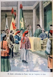 Fransk ambassadør Gérard før Guangxu-kejseren af Kina, 1895
