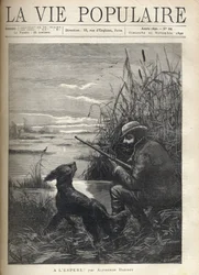 En fuglejæger ser i en sump med sin hund. Illustration af F. Meaulle for "" Hopefully! "" af Alphonse Daudet (1840-1897). Stik fra 1890 i "La vie populaire". Privat samling