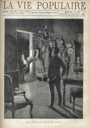En mand overrasker en ubuden gæst derhjemme midt om natten. Illustration af F. Meaulle efter B. Borione for "" Hvem ved? "" af Guy de Maupassant (1850-1893). Stik fra 1890 i "La vie populaire". Privat samling