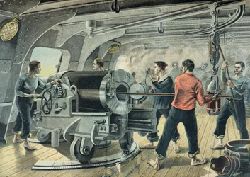 Et flådebatteri bomber Santiago de Cuba under den spansk-amerikanske krig i 1898 (gravering)