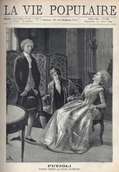 En smuk blond ung mand, der ser dårligt ud, lige efter at have stillet sit frieri, ser pigen blive fanget med et grin, væltet over på sin stol, under hendes fars ebahis øjne. Illustration til Puyjoli af Jules Claretie (1840-1913). Gravering af Fortune Meau