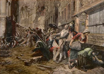 En belejringsepisode i Lille, oktober 1792 - Siege de Lille en 1792: parykken Maes bruger en bombeskal som skægfad til at barbere en klient - gravering af Meaulle efter Gaston Melingues maleri