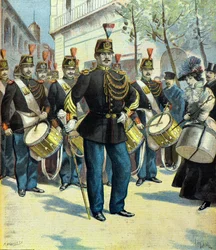 Parade af musikere og tambourmajoren fra den republikanske garde, Paris 1896 (kobberstik)