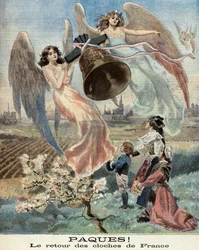 Påske, klokkernes tilbagekomst, allegori over genforeningen af Alsace med Frankrig i 1899 (Kobberstik)