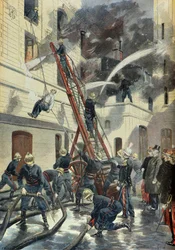 Felix Faure deltager i træningen af brandvæsenet i Paris i 1898 (Gravering)