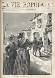 I gaderne i en landsby i Provence vender to smukke kvinder i provencalske kjoler tilbage til gaden for at konfrontere en mand, der selvsikkert vender sig mod deres øjne. Illustration af Montegut til The Popular Man af Frederic Mistral (1830-1914). Stik af 